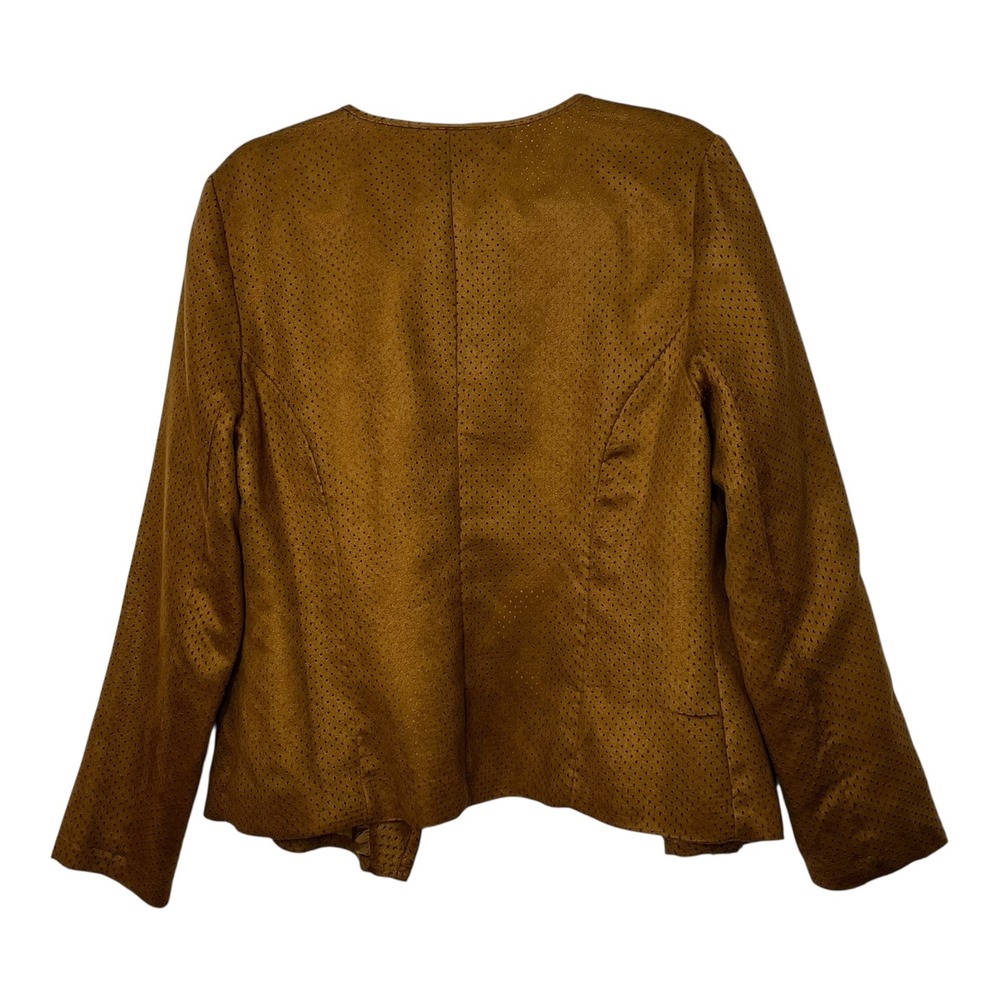 Choices Womens Camel Brown Perforated Faux Suede Draped Open Front Jacket M - Picture 2 of 8